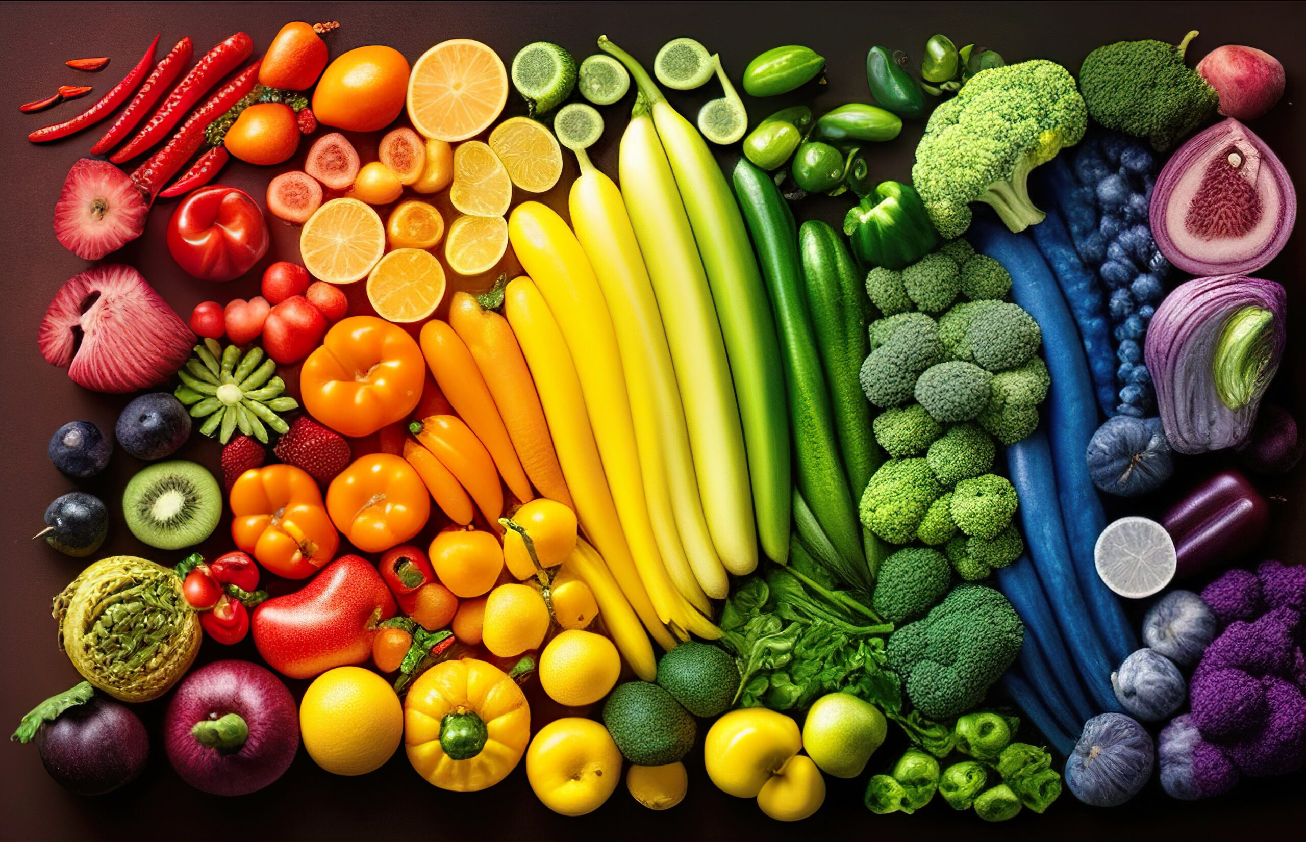 The fruit and vegetable set combines healthy food with bright rainbow tones. AI-generated images